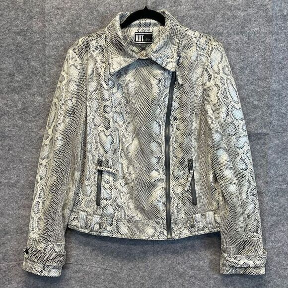NWT KUT FROM THE KLOTH Jacket Women's XL Gray White Snakeskin Moto Faux Leather - Picture 1 of 15